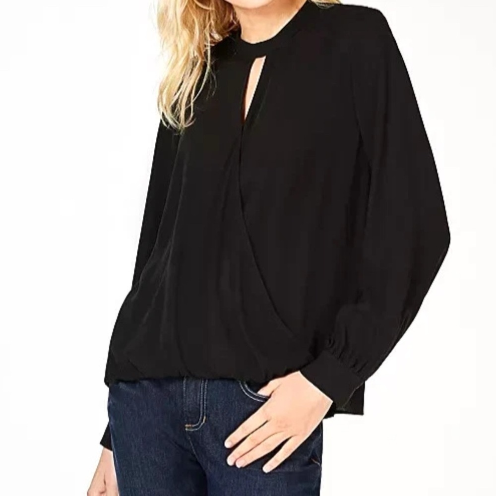 Eileen Fisher Black Long Sleeve Keyhole Blouse Elegant Top XS 100% Silk